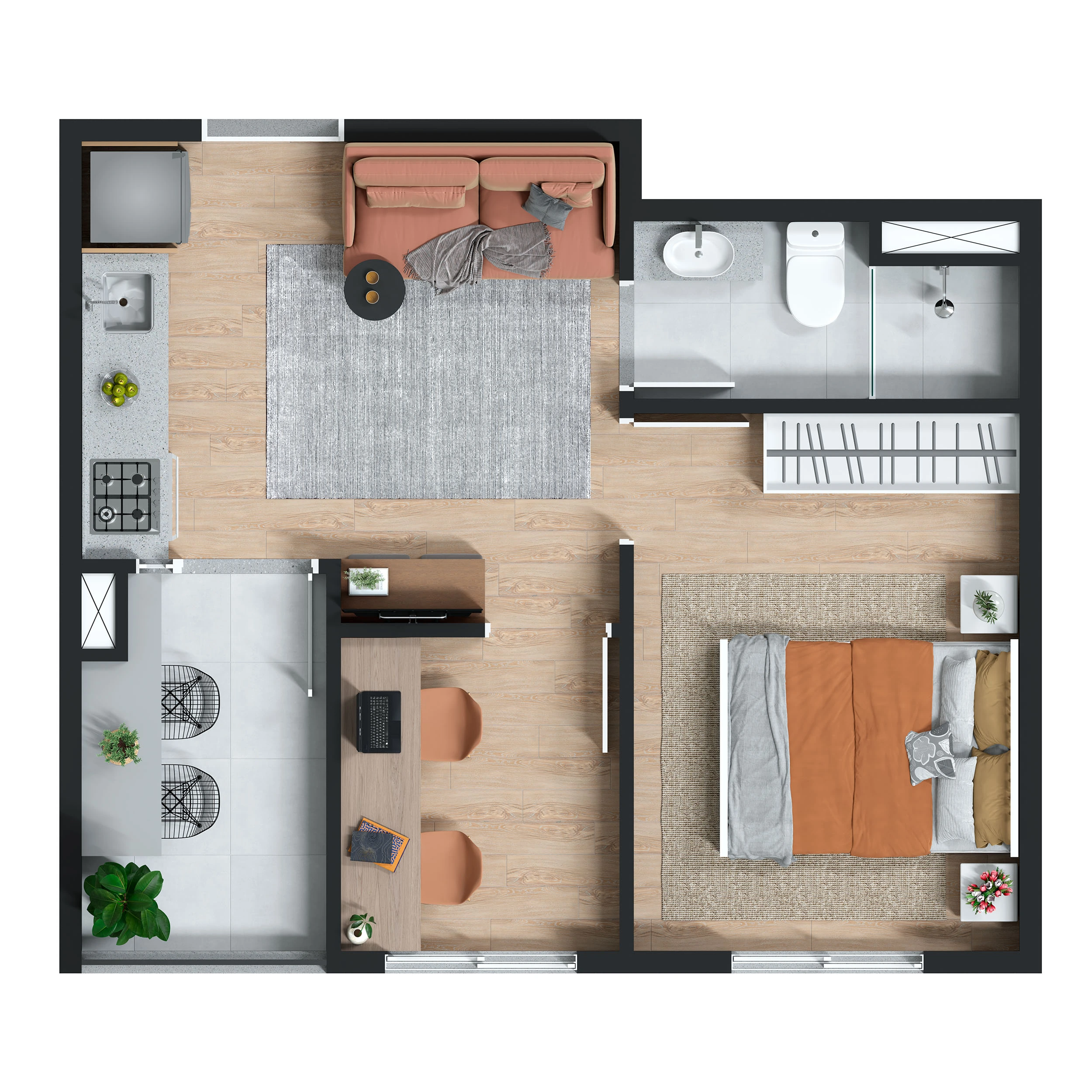 Planta 1 dormitório com office 31m²