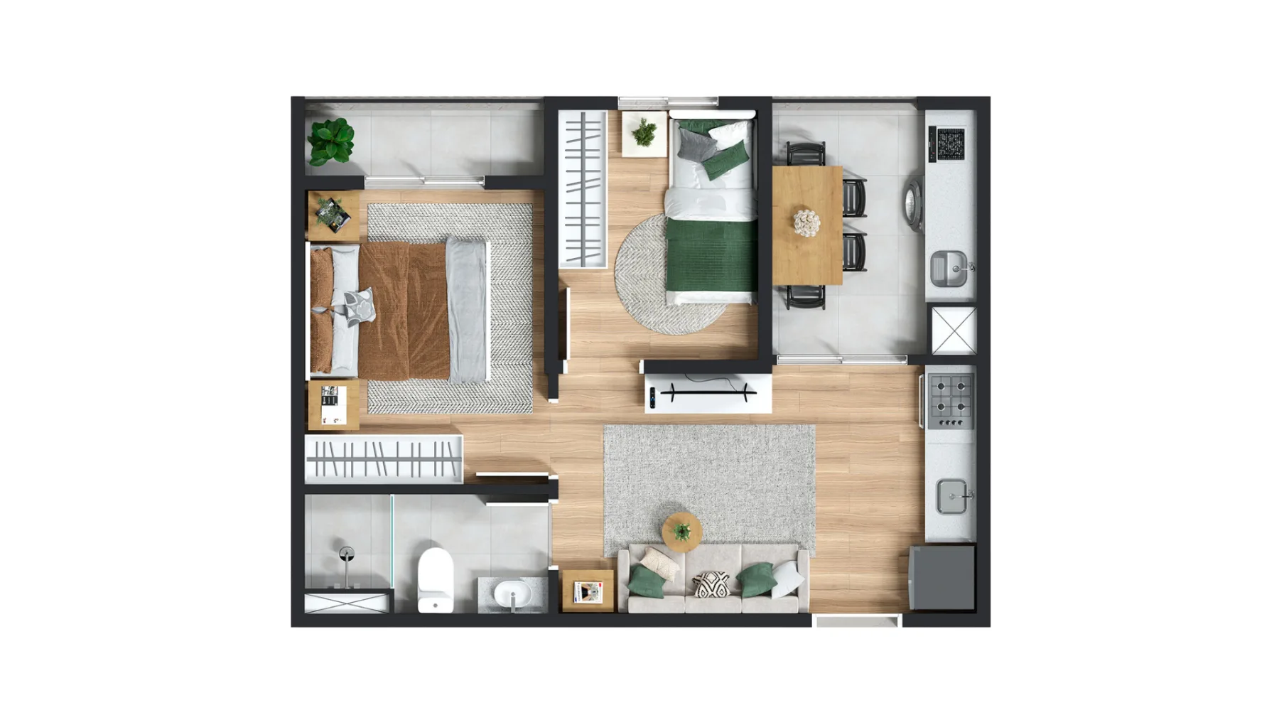 Planta 2 dormitórios 36m²