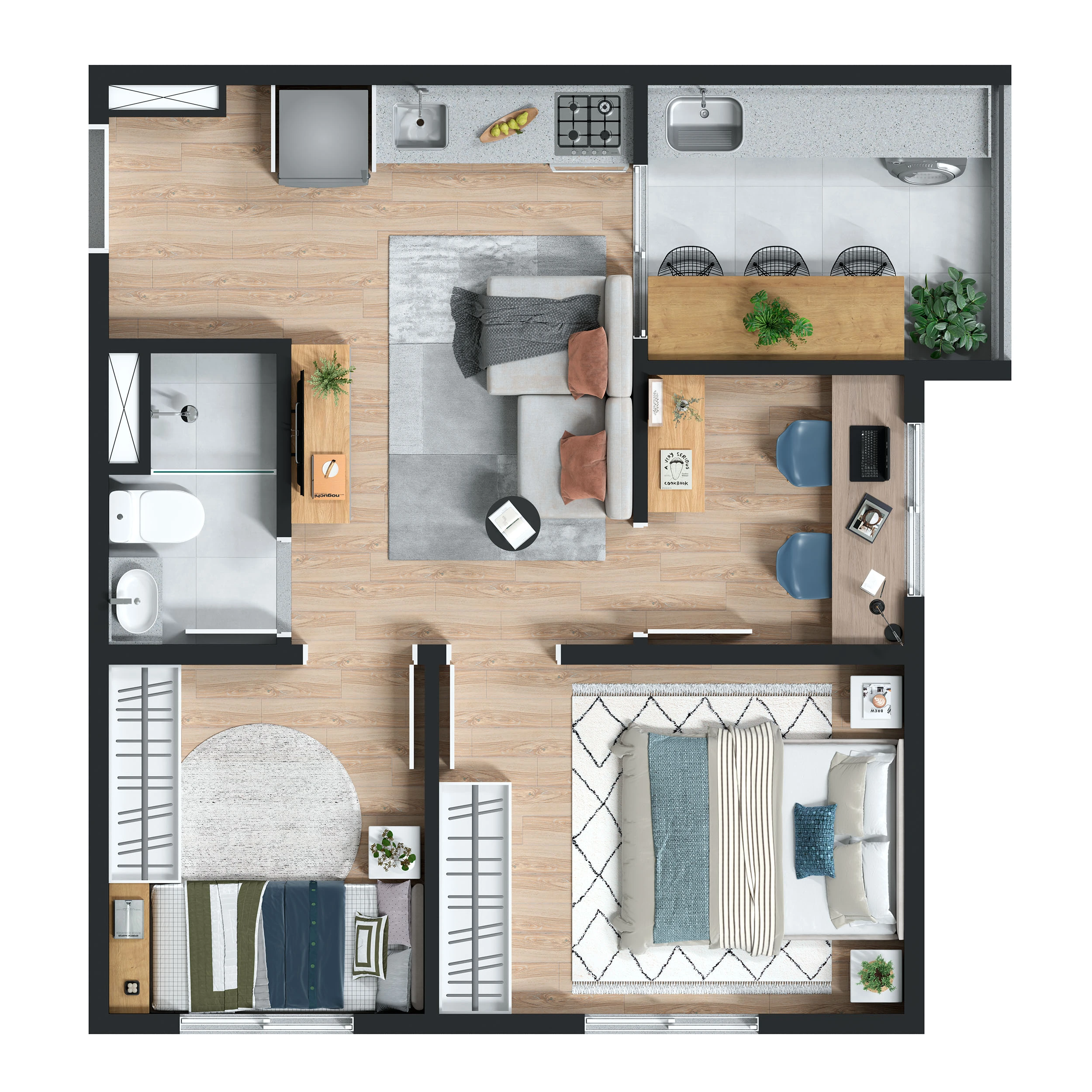 Planta 3 dormitórios 39m²