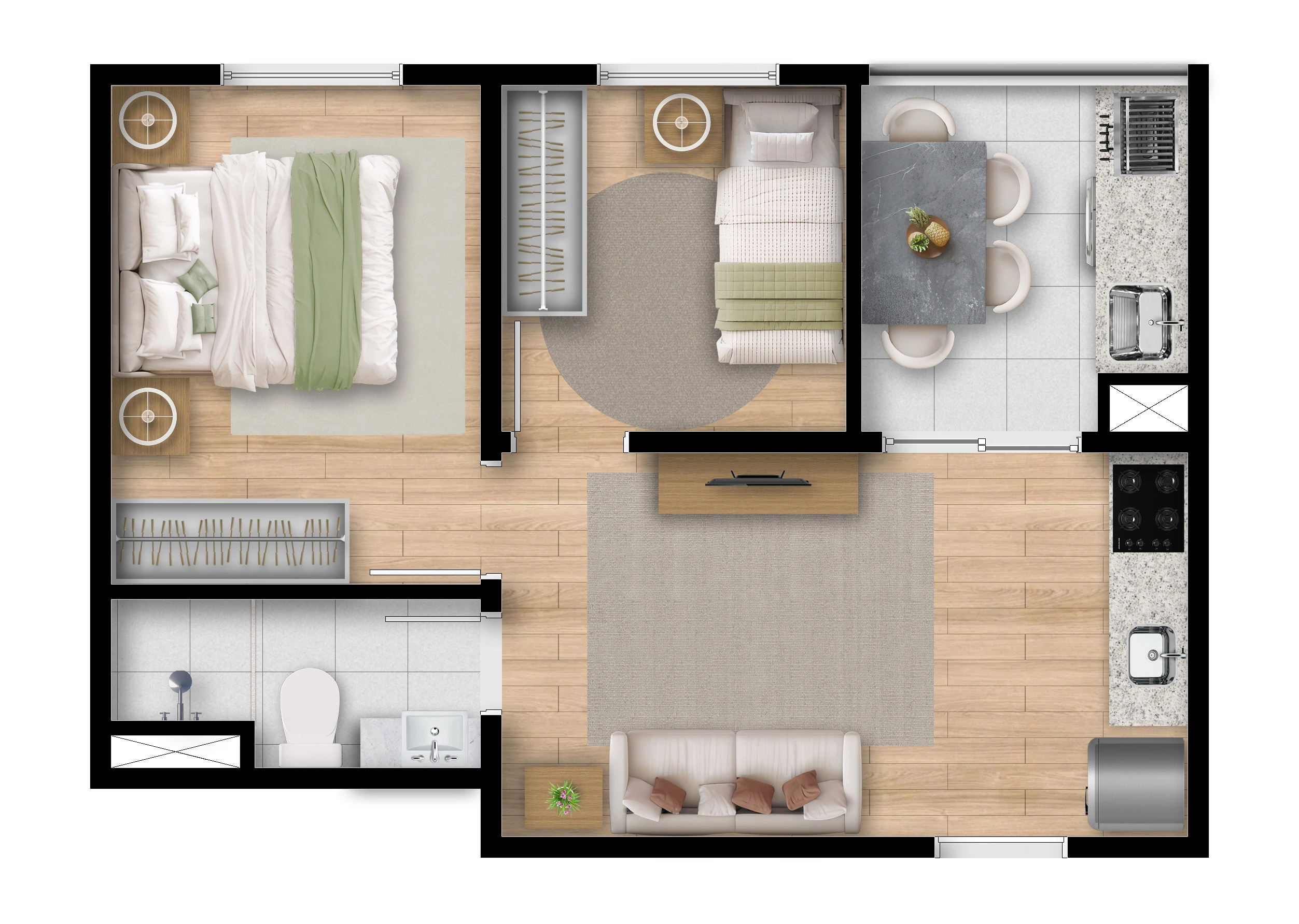 Planta 2 dormitórios 36m²