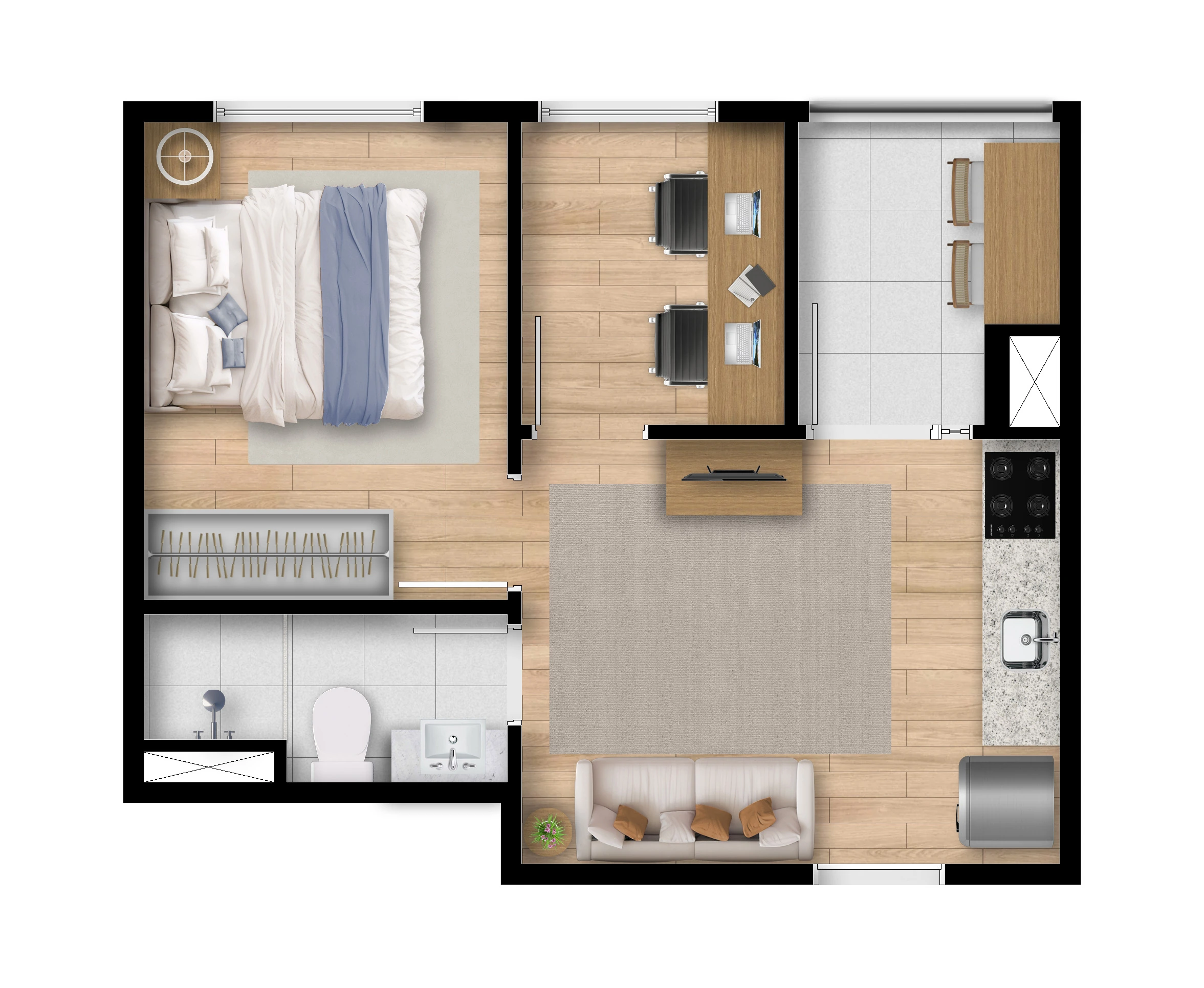 Planta 1 dormitório com office 31m²