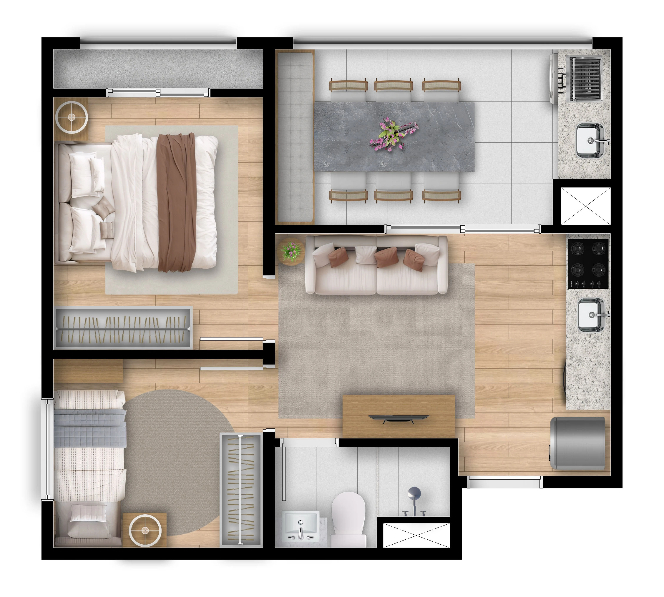Planta 2 dormitórios 38m²
