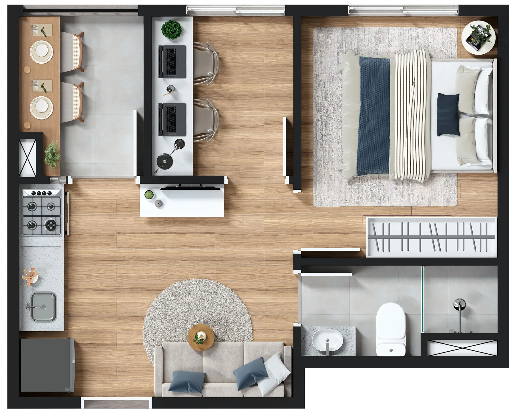 Planta 1 dormitório com office 28m²
