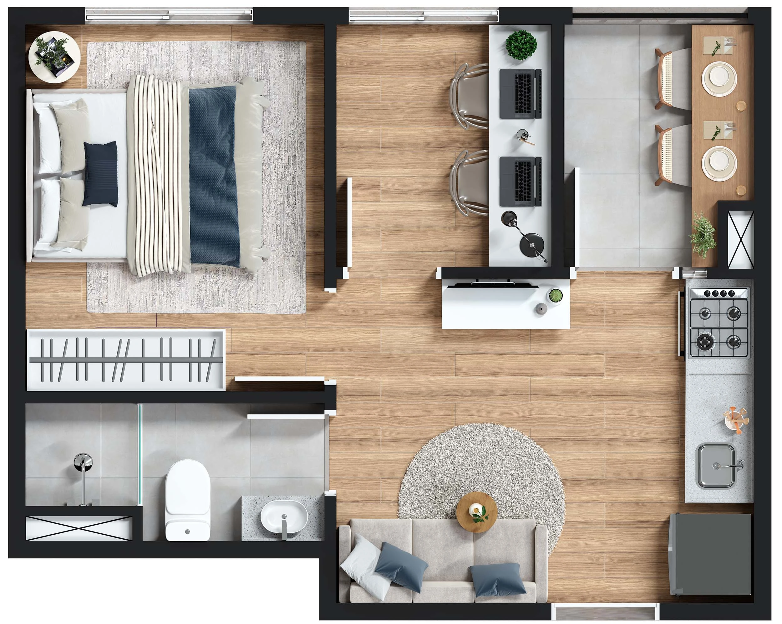 Planta 1 dormitório com office 29m²