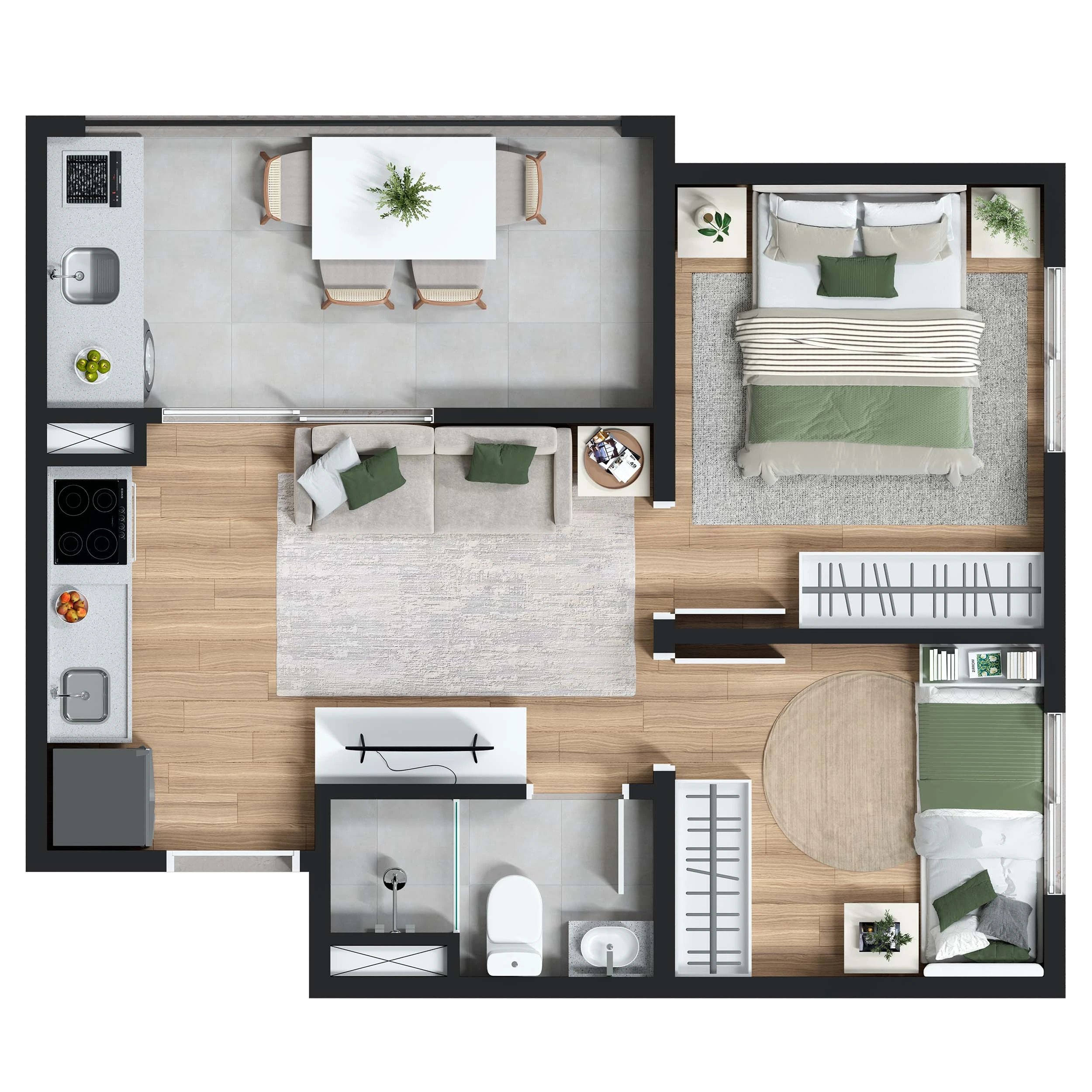 Planta 2 dormitórios 36m²