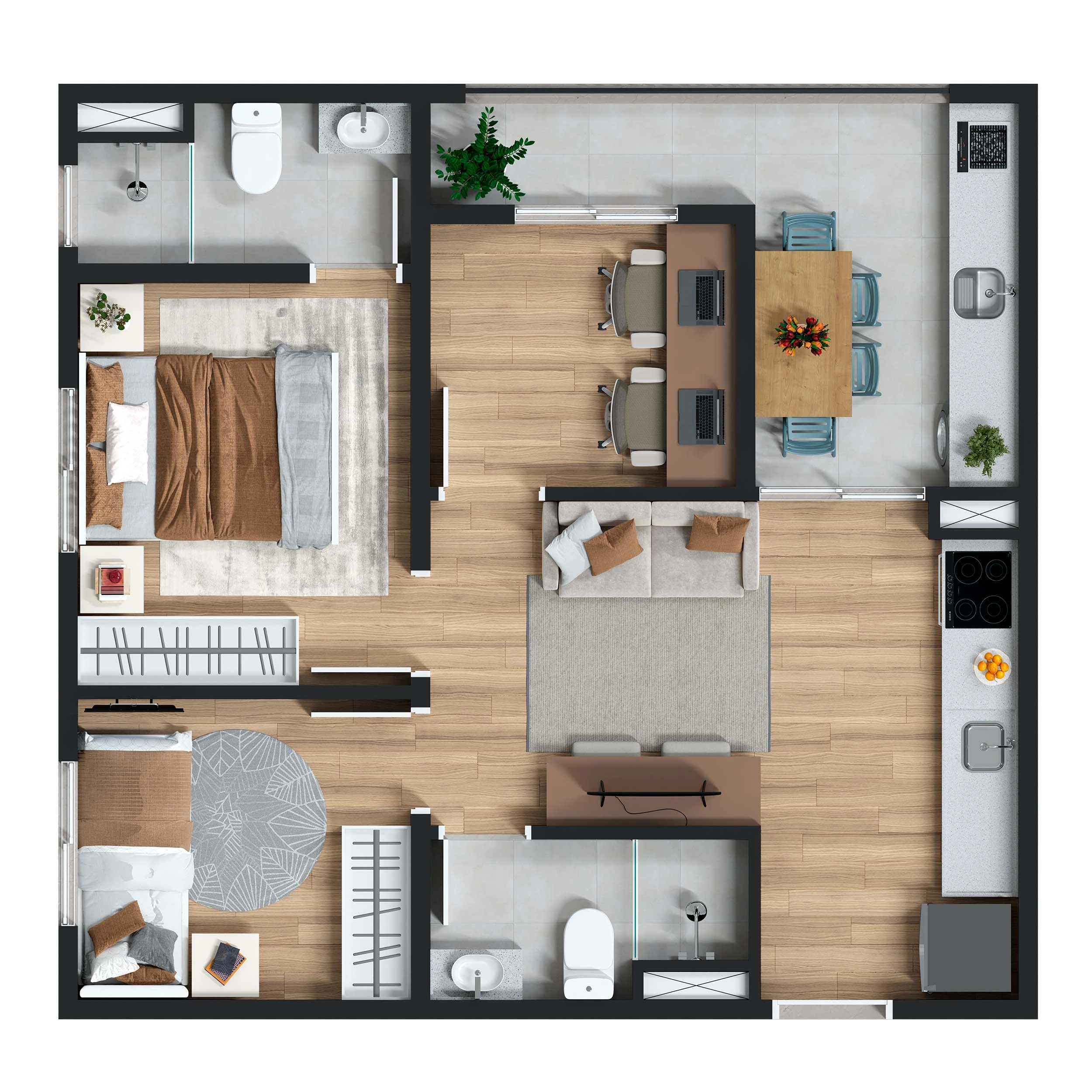 Planta 3 dormitórios com suíte 47m²